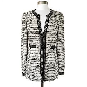 ST. JOHN Knit Ribbon Tweed Jacket Size 4 Zip Front Ivory Black Collarless Blazer